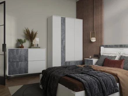 Шкаф двухстворчатый с ящиками Ливерпуль, белый/бетон темный 